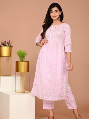 Pastel Pink Cotton Printed Nayra Cut Kurta Salwar Kameez Suit Kurti Pant Set with Tassel Work