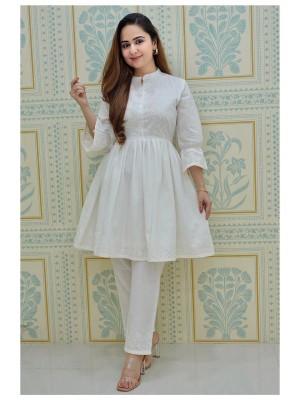 Readymade Pakistani Indian White Schiffli Co Ord Set Kurti Pant Cotton Salwar Kameez Set