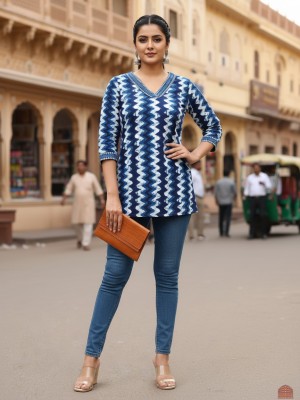 Natasha Indigo Blue Zigzag Print Top Cotton Short Kurti Tunic for Women