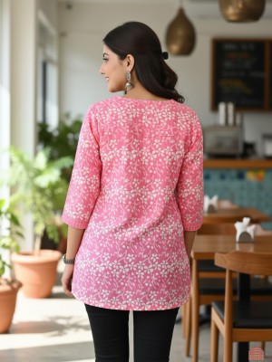 Pink Petal Floral Print Top Cotton Short Kurti Tunic for Women