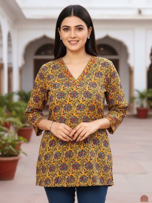 Mustard Yellow Kalamkari Floral Print Top Cotton Short Kurti Tunic for Women