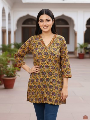 Mustard Yellow Kalamkari Floral Print Top Cotton Short Kurti Tunic for Women