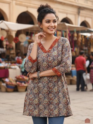 Multi Color Kalamkari Floral Print Top Cotton Short Kurti Tunic for Women