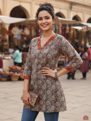 Multi Color Kalamkari Floral Print Top Cotton Short Kurti Tunic for Women