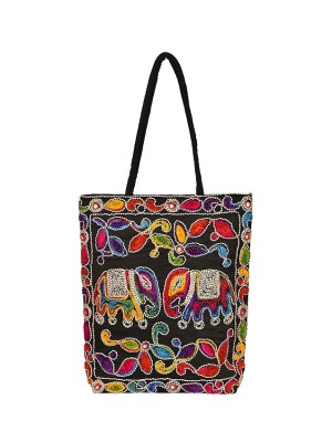 Rajasthani Embroidered Ethnic Mirror Work Cotton Tote Bag with Zipper for Grocery, Shopping, Travel, Beach Shoulder Bag