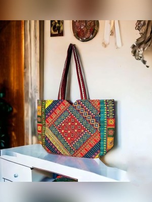 Indian Boho Multicolored Rajasthani Handmade Embroidered Tote Bag with Zipper Closure