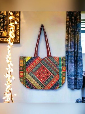 Indian Boho Multicolored Rajasthani Handmade Embroidered Tote Bag with Zipper Closure