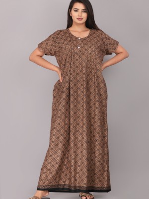 Casual Nighty Gown Daily Wear Cotton Printed Night Dress Kurti Gown with Two Button