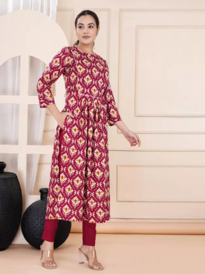 Maroon Printed Nayra Cut Kurta Saalwar Kameez Suit Rayon Kurti Pant Set
