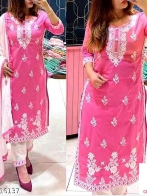 Pink Melodious Embroidered Chikankari Straight Kurti Pant Dupatta Readymade Shalwar Kameez Suit