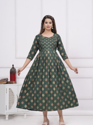 Dark Green Floral Cotton Maternity Baby Feeding Gown Anarkali Kurti with Hidden Feeding Zip