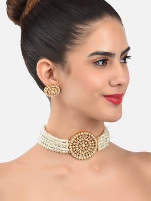 Golden Choker Necklace Earring Set Ethnic White Beaded Necklace for Women