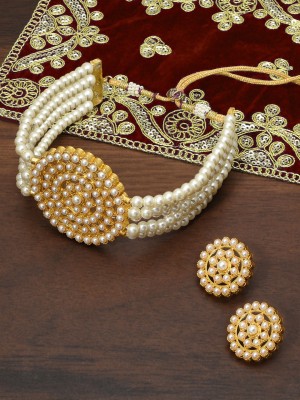Golden Choker Necklace Earring Set Ethnic White Beaded Necklace for Women