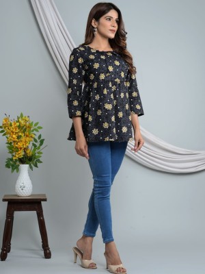 Women blue floral designer printed cotton tunic top short kurti