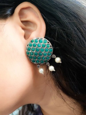 Unique Indian Jewellery Stone Work Silver Oxidised Stud Pearl Ghunghroo Drop Earrings