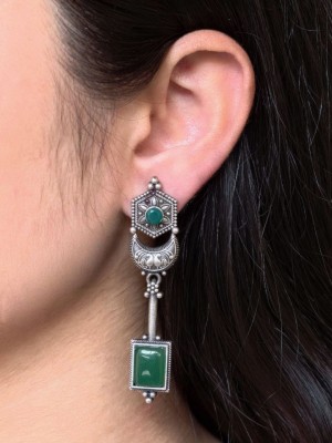 Trendy Silver Oxidised Designer Bohemian Long Dangler Bollywood Jewellery Monalisa Stone Earrings