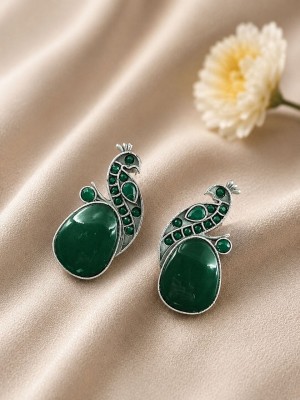 Peacock Monalisa Stone Stud Rustic Earring Silver Oxidised Earrings Gift For Her