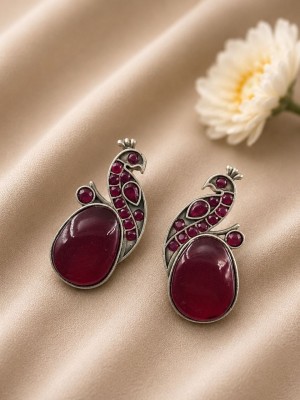 Peacock Monalisa Stone Stud Rustic Earring Silver Oxidised Earrings Gift For Her