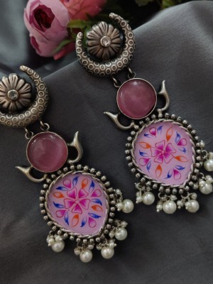 Hand Painted Silver Oxidised Monalisa Stone Dangler Earring Pearl Beads Drop Boho Jewelry