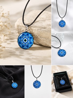 Unisex Mandala Flower Design Blue Evil Eye Pendant Nazar Suraksha Kavach Locket