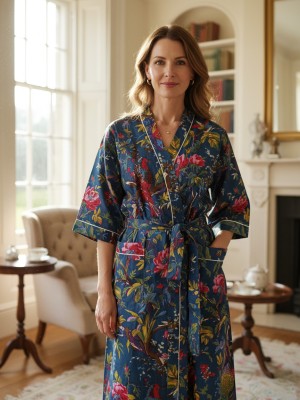 Indian Navy Blue Bird Paradise Print Kimono Robes Morning Tea Coat Bridesmaid Robe Cotton Jacket Robe