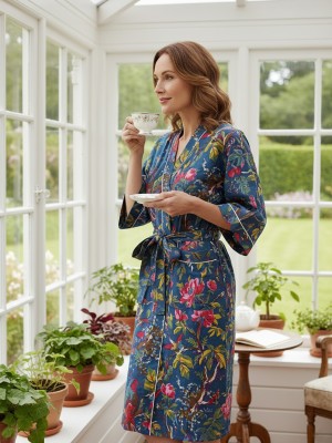 Indian Navy Blue Bird Paradise Print Kimono Robes Morning Tea Coat Bridesmaid Robe Cotton Jacket Robe