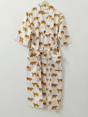 Off White Leopard Print Robe Animal Print Clothing Beach Coverup Kimono Bathrobe Cotton Dressing Gown