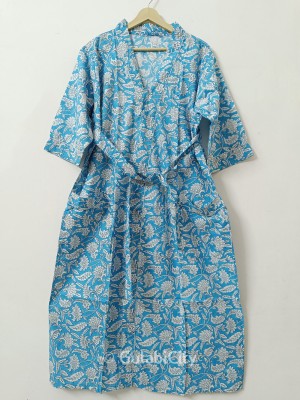 Blue One Size Floral Cotton Kimono Robe Dressing Gown Bridesmaid Robe Block Print Summer Nightwear