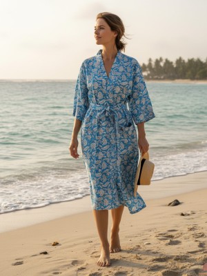 Blue One Size Floral Cotton Kimono Robe Dressing Gown Bridesmaid Robe Block Print Summer Nightwear