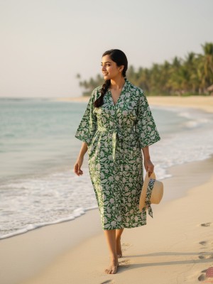 Green One Size Floral Cotton Kimono Robe Dressing Gown Bridesmaid Robe Block Print Summer Nightwear