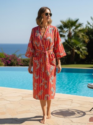 Orange & Pink Animal Print Kimono Robe Cotton Striped Beach Cover Up Nightwear Dress Bridesmaid Gown