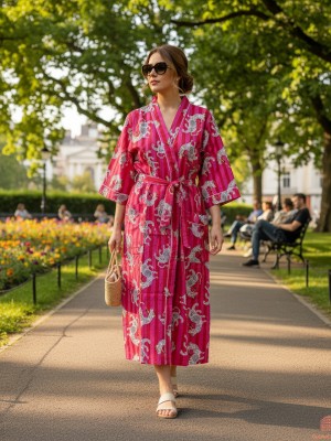 Pink & Red Tiger Print Kimono Robe Cotton Striped Beach Cover Up Nightwear Dress Bridesmaid Gown