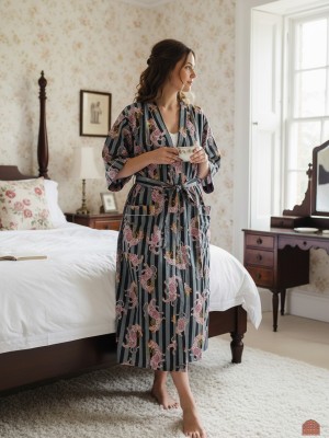 Black & Grey Animal Print Kimono Robe Cotton Striped Beach Cover Up Nightwear Dress Bridesmaid Gown