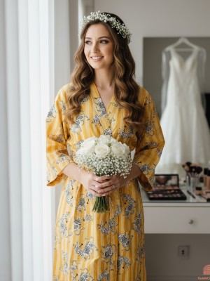 Yellow Tibetan Tiger Dragon Print Kimono Robe Cotton Striped Beach Cover Up Nightwear Bridesmaid Gown