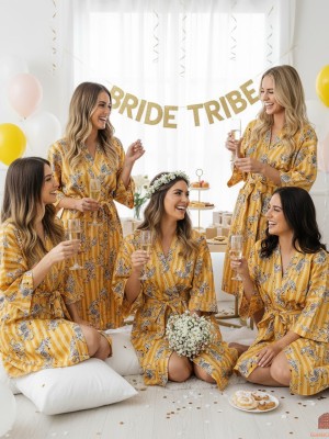 Yellow Tibetan Tiger Dragon Print Kimono Robe Cotton Striped Beach Cover Up Nightwear Bridesmaid Gown