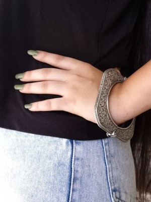 Vintage Boho Tribal Rustic Floral Art Oxidized Silver Bangle Bracelet Kada Openable Free Size Kangan