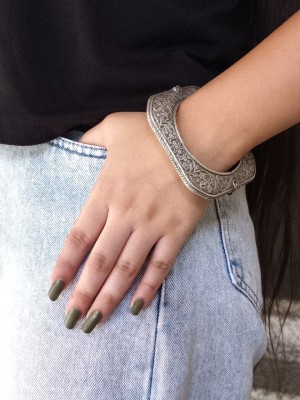 Vintage Boho Tribal Rustic Floral Art Oxidized Silver Bangle Bracelet Kada Openable Free Size Kangan