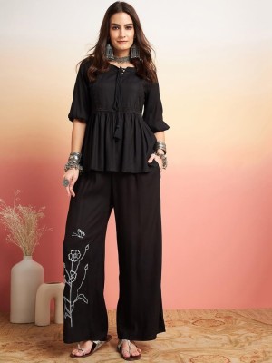 Black Rayon Short Kurti Pant Co Ord Set Pakistani Salwar Kameez For Women - Set of 2