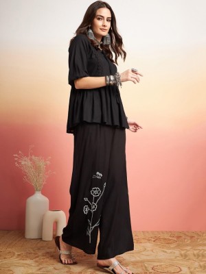 Black Rayon Short Kurti Pant Co Ord Set Pakistani Salwar Kameez For Women - Set of 2