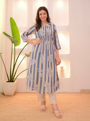 Blue Striped & Floral Flared Kurti with Trouser Set, Designed for Summer wear Aline Co Ord Salwar Kameez for Women - Set of 2