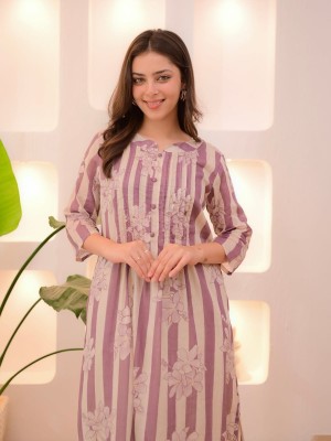 Purple Striped & Floral Flared Kurti with Trouser Set, Designed for Summer wear Aline Co Ord Salwar Kameez for Women - Set of 2