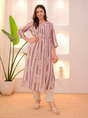 Purple Striped & Floral Flared Kurti with Trouser Set, Designed for Summer wear Aline Co Ord Salwar Kameez for Women - Set of 2