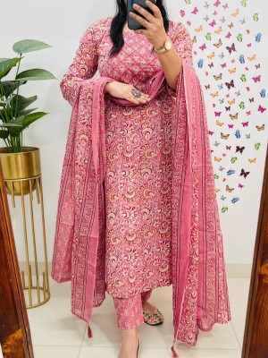 Farheen Kalamkari Pink Color Designer Indian Pakistani Straight Salwar Kameez Kurti Pant Set for Women - Set of 3