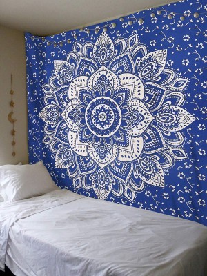 Blue & Sparkly Silver Large Lotus Mandala Tapestry Bohemian Wall Hanging Glittering Silver Tapestry