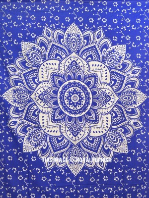 Blue & Sparkly Silver Large Lotus Mandala Tapestry Bohemian Wall Hanging Glittering Silver Tapestry