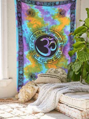 Multi Tie Dye Gaytri Mantra Hindu Spiritual Mantra Om Symbol Tapestry Wall Hanging Yoga Room Decor