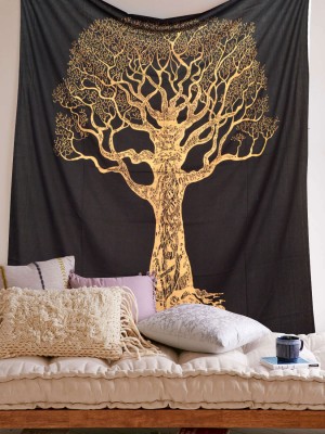 Sparkly Golden Desert Tree of Life Wall Tapestry Cotton Fabric Wall Hanging Glittering Gold Tapestry
