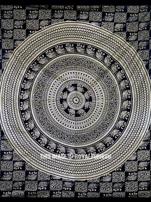 Black & Sparkly Golden Elephant Bohemian Mandala Tapestry Wall Hanging Glittering Gold Tapestry