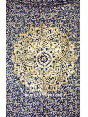 Glittering Gold Lotus Mandala Wall Tapestry Twin Size Medallion Wall Hanging for Boho Room Decor