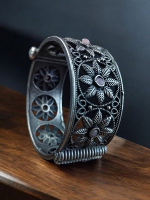 Rustic Flower Designer Stonework Silver Oxidised Bracelet Openable Broad Kada Bangle Boho Jewellery